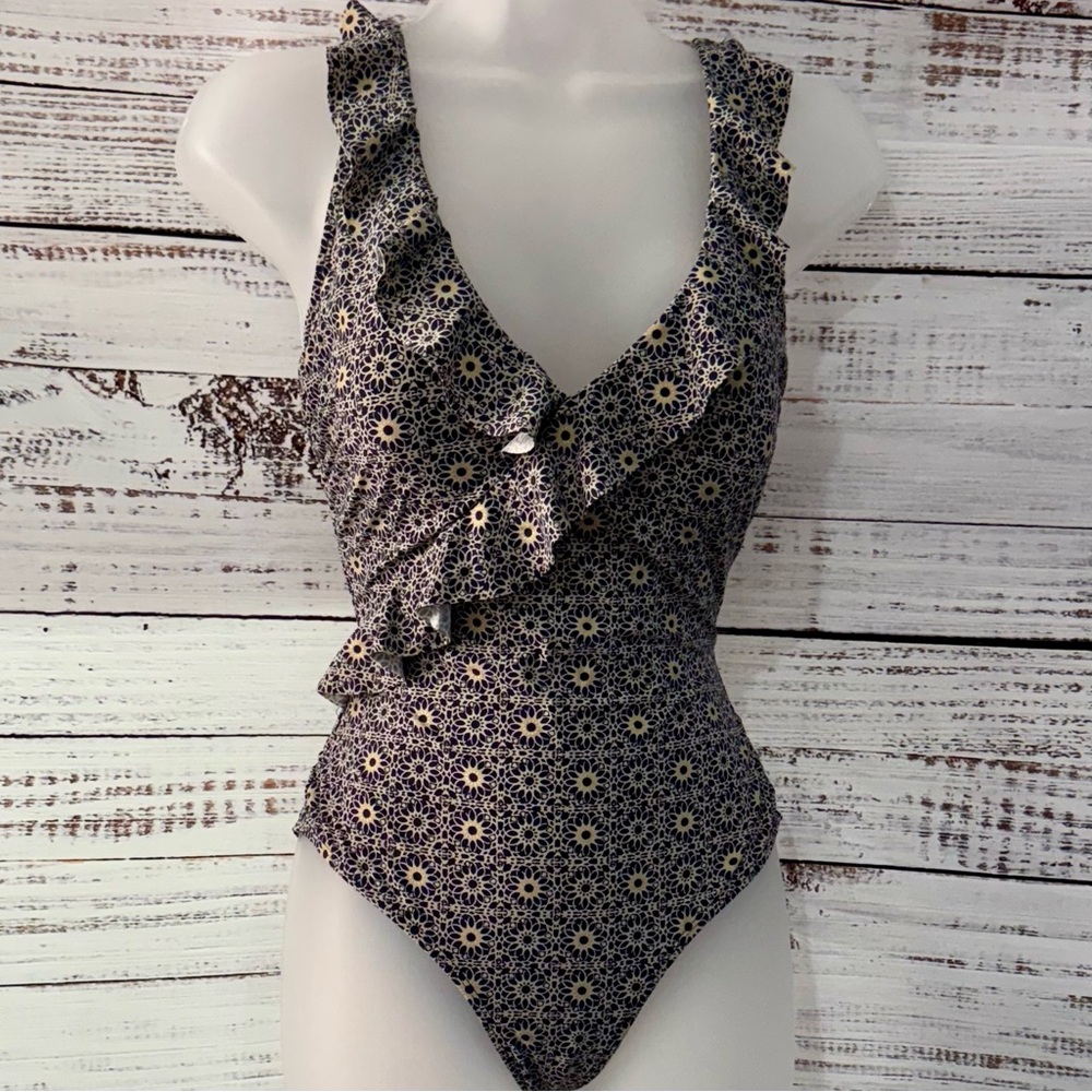 Niptuck Sliming Ruffle Women’s One Piece Swimsuit - Navy/Gold/White